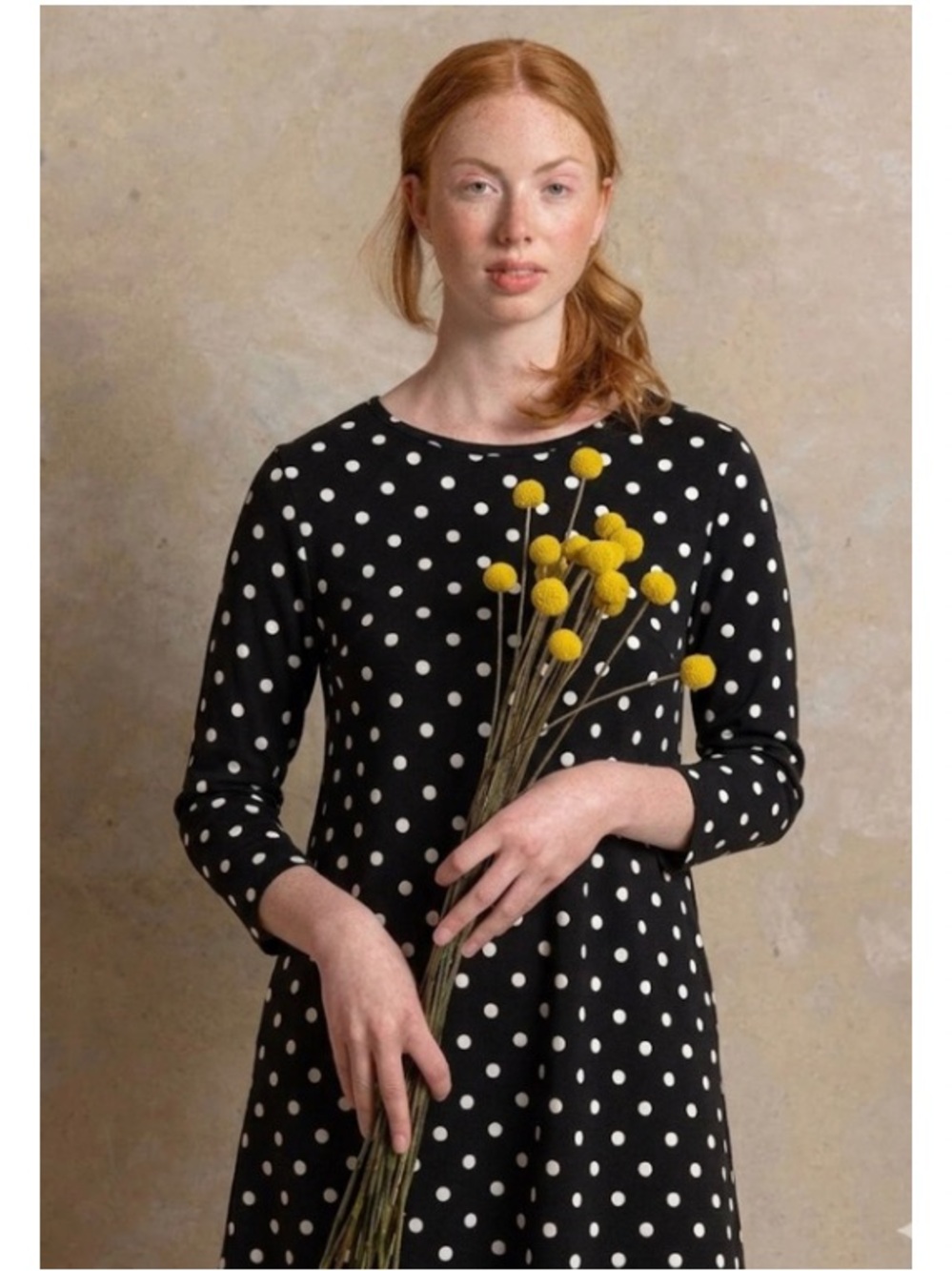 Gudrun Sjoden Polka Dot Tunic Dress Front Pockets 3/4 Sleeve Size Small Black